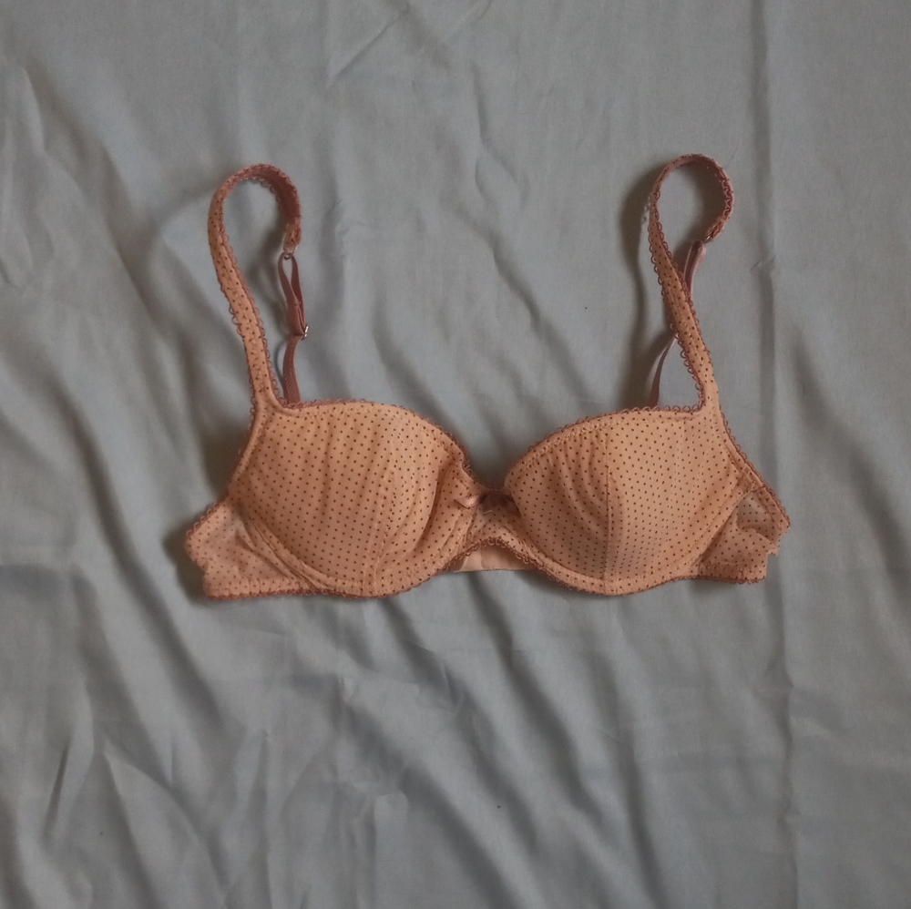Light pink with a darker pink trim polka dot bra by Elle Macpherson Intimates